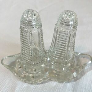 Vintage Cut Glass Salt and Pepper Shakers with tray.